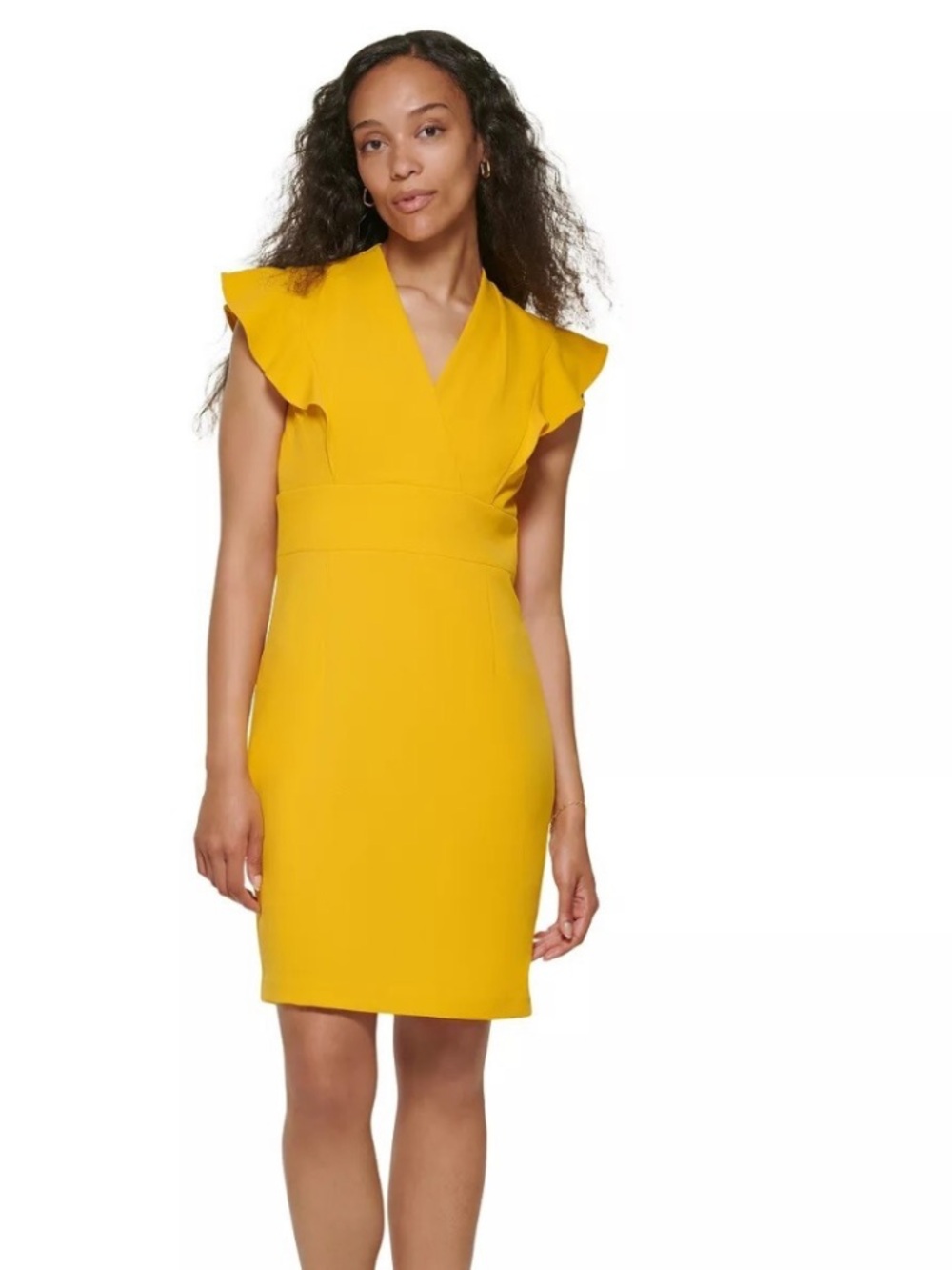 Yellow V-Neck Flutter Sleeve Sheath Dress - Brand Unspecified